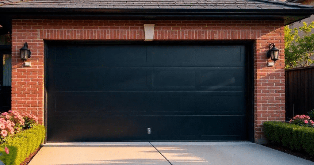 black garage door on red brick house
